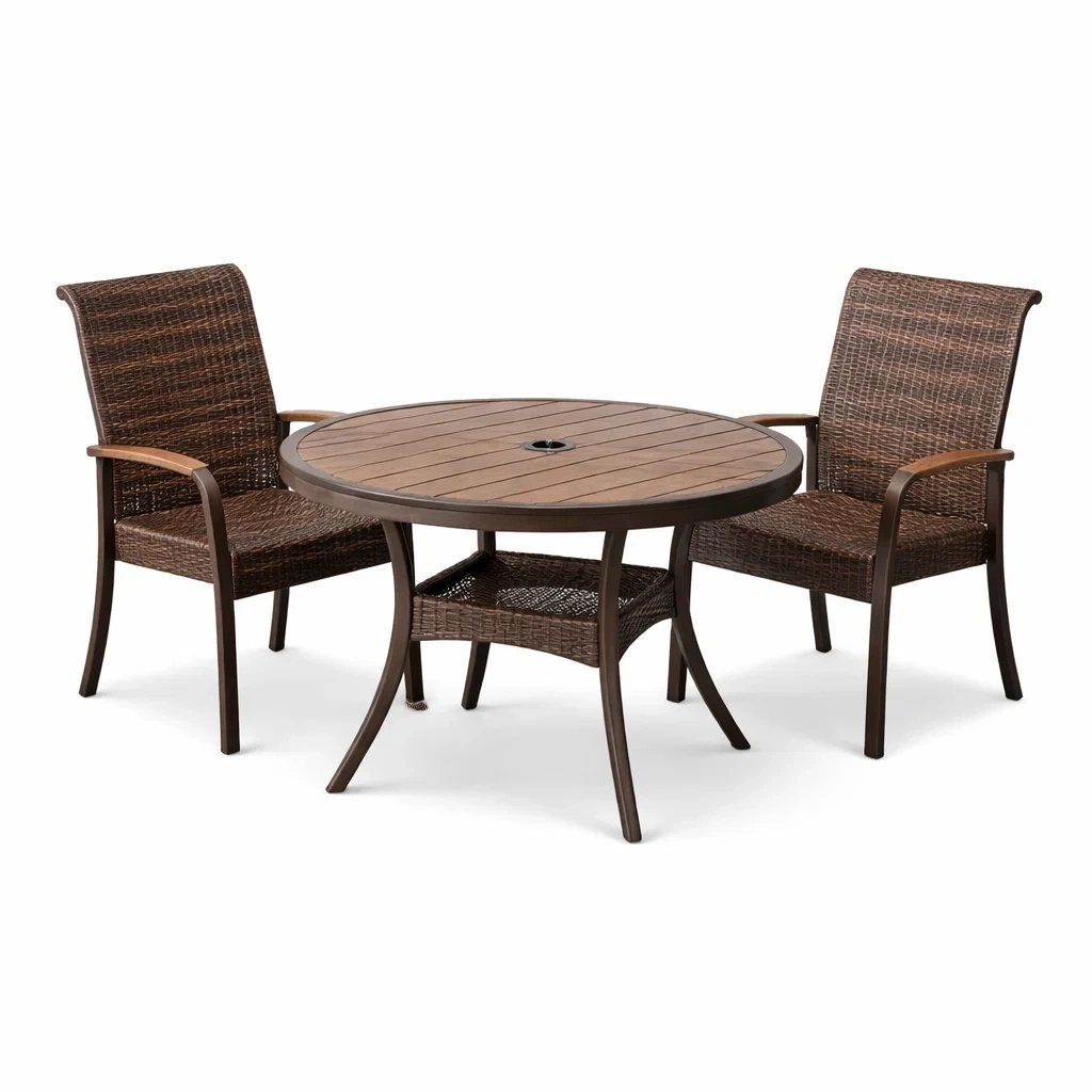 Terrassenmöbel Set mit rundem Tisch aus Aluminium in Holzoptik Braun