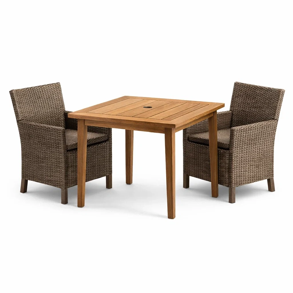 Terrassenmöbel Set mit Holztisch und 2 Stühlen aus Polyrattan Braun