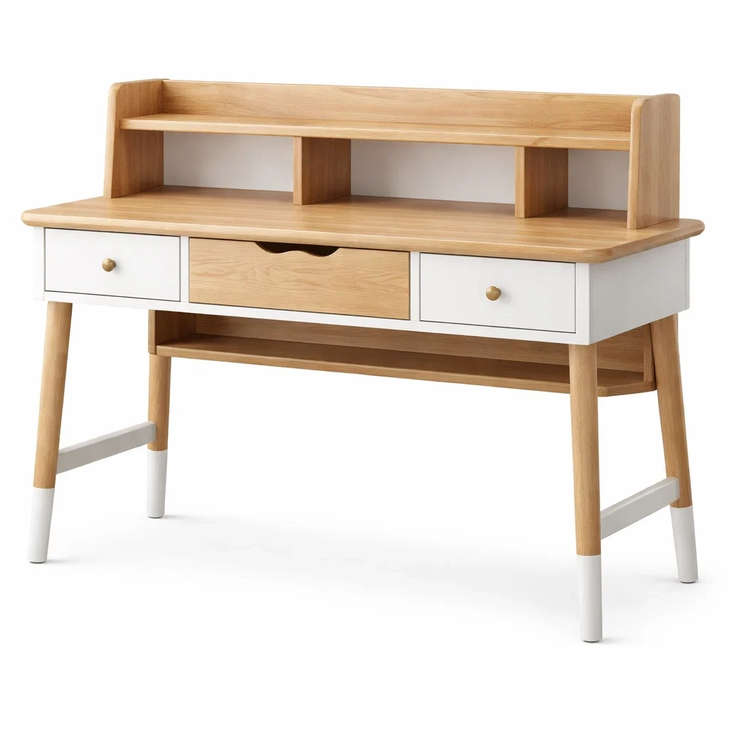 Schreibtisch Holz Eiche Weiß mit Regalfach und Schubladen