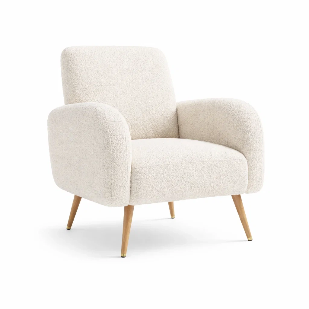 Sessel Bouclé Creme mit Holzbeinen