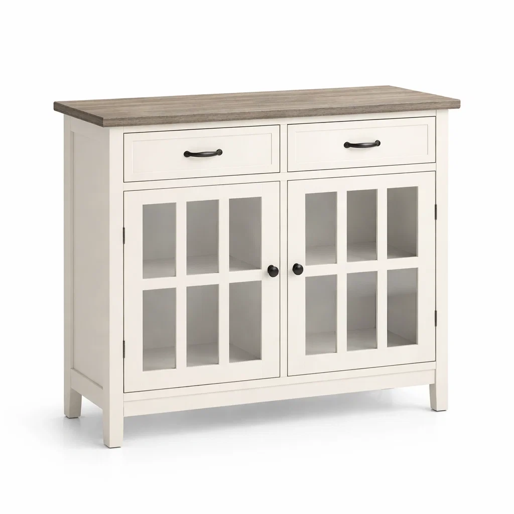 Sideboard Holz MDF Weiß mit 2 Schubladen und 2 Glastüren