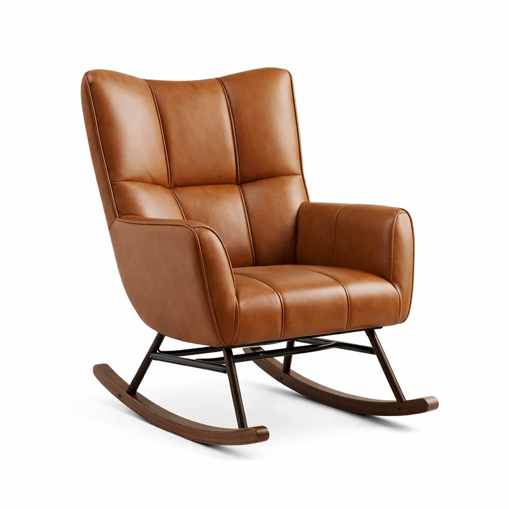 Schaukelstuhl Lederoptik Braun mit Holzrahmen