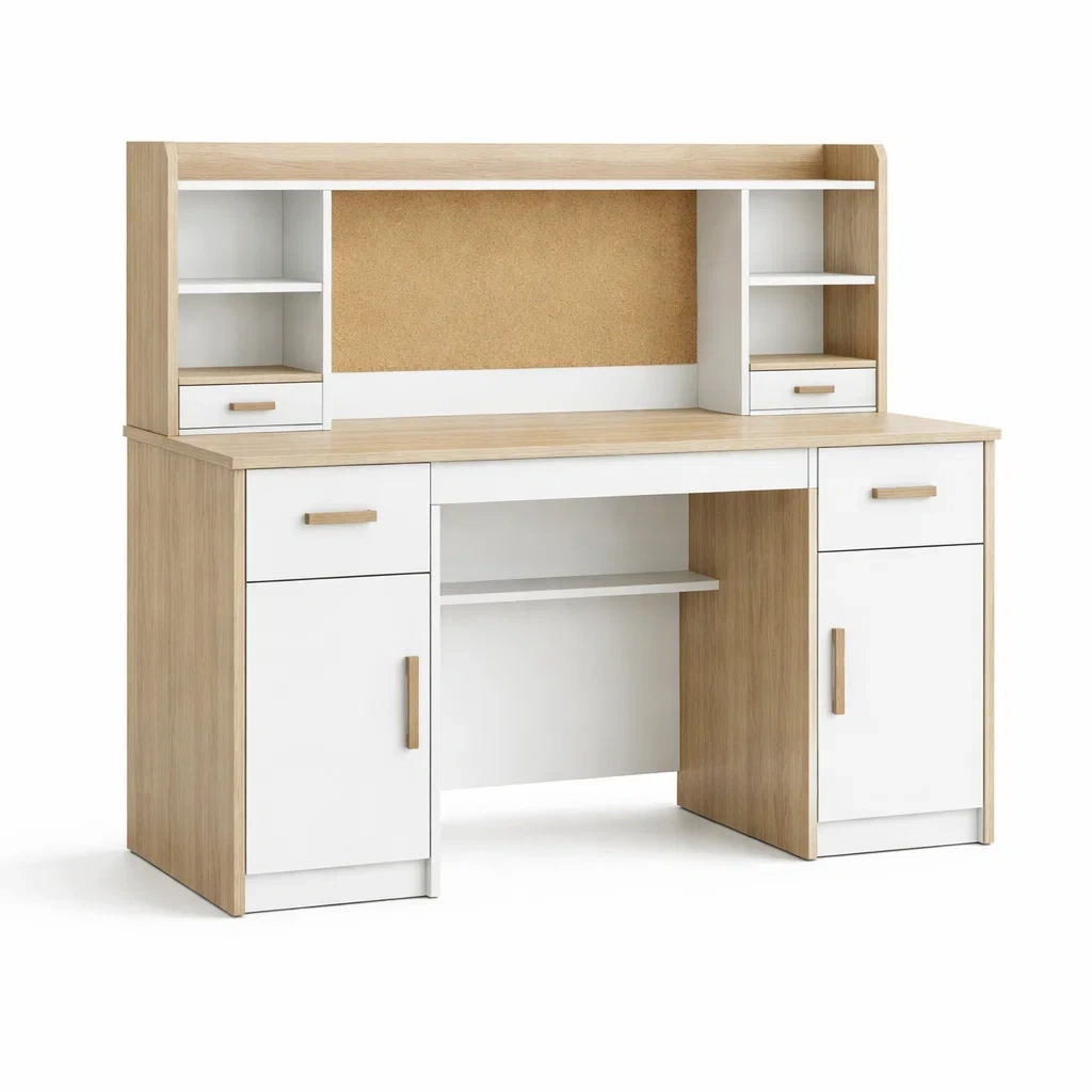 Schreibtisch MDF Weiß mit Regal und Eichenoptik