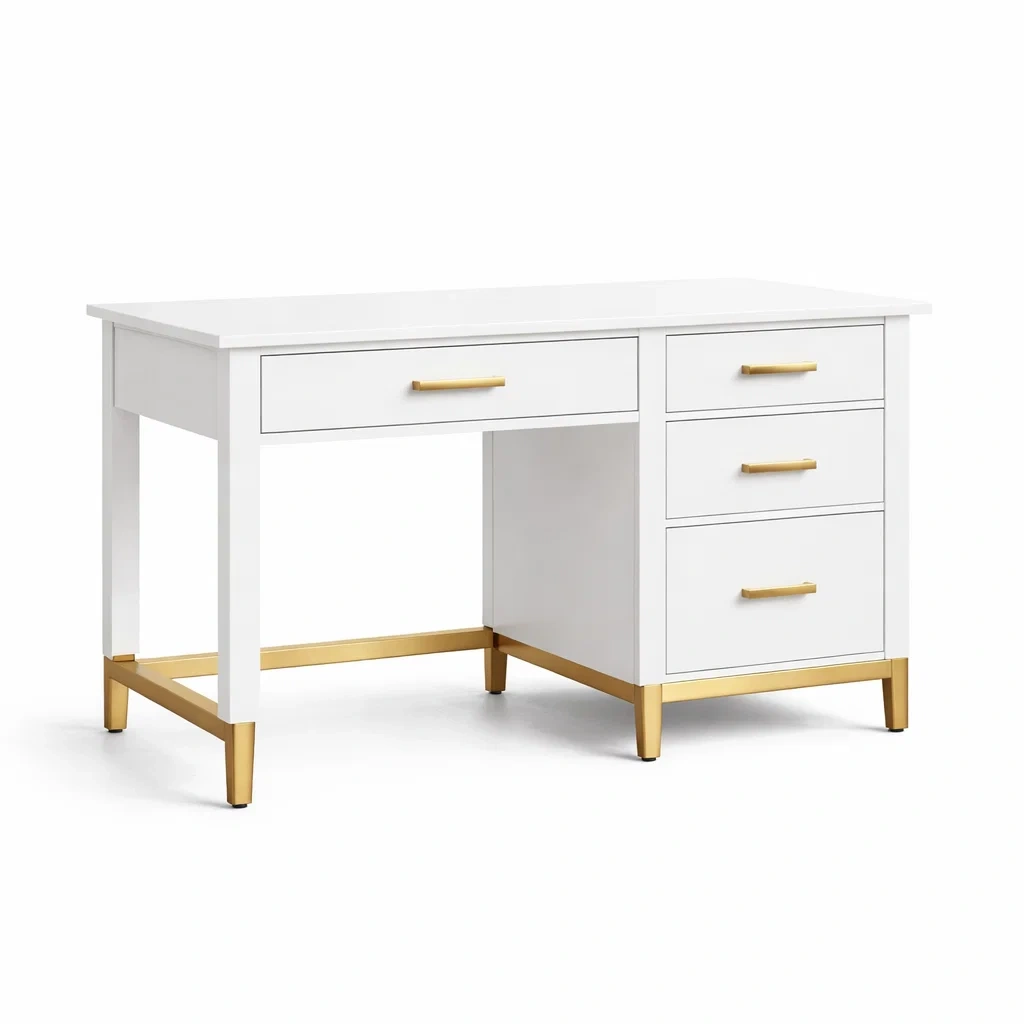 Schreibtisch MDF Weiß Gold mit 4 Schubladen