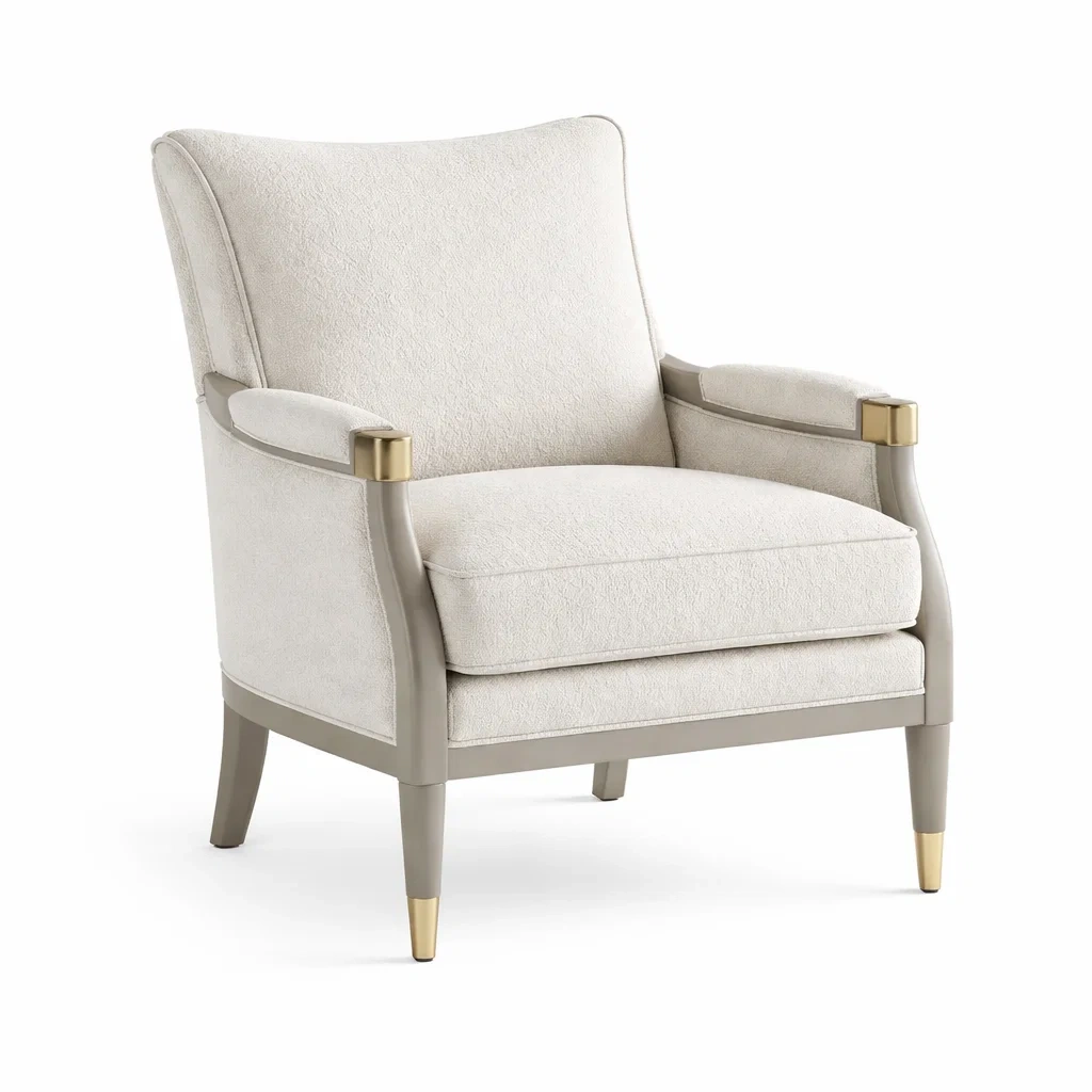 Sessel Stoff Beige mit Massivholzrahmen und Metallakzenten