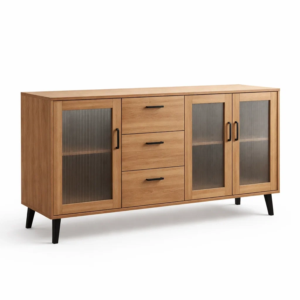 Sideboard Holz mit geriffeltem Glas und Schubladen 150 x 40 x 85 cm