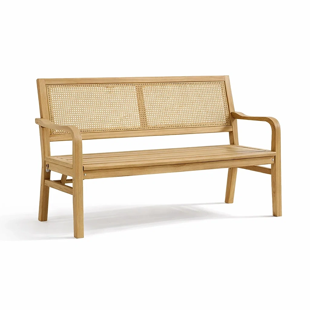 Sitzbank Holz mit Rattanlehne Teak