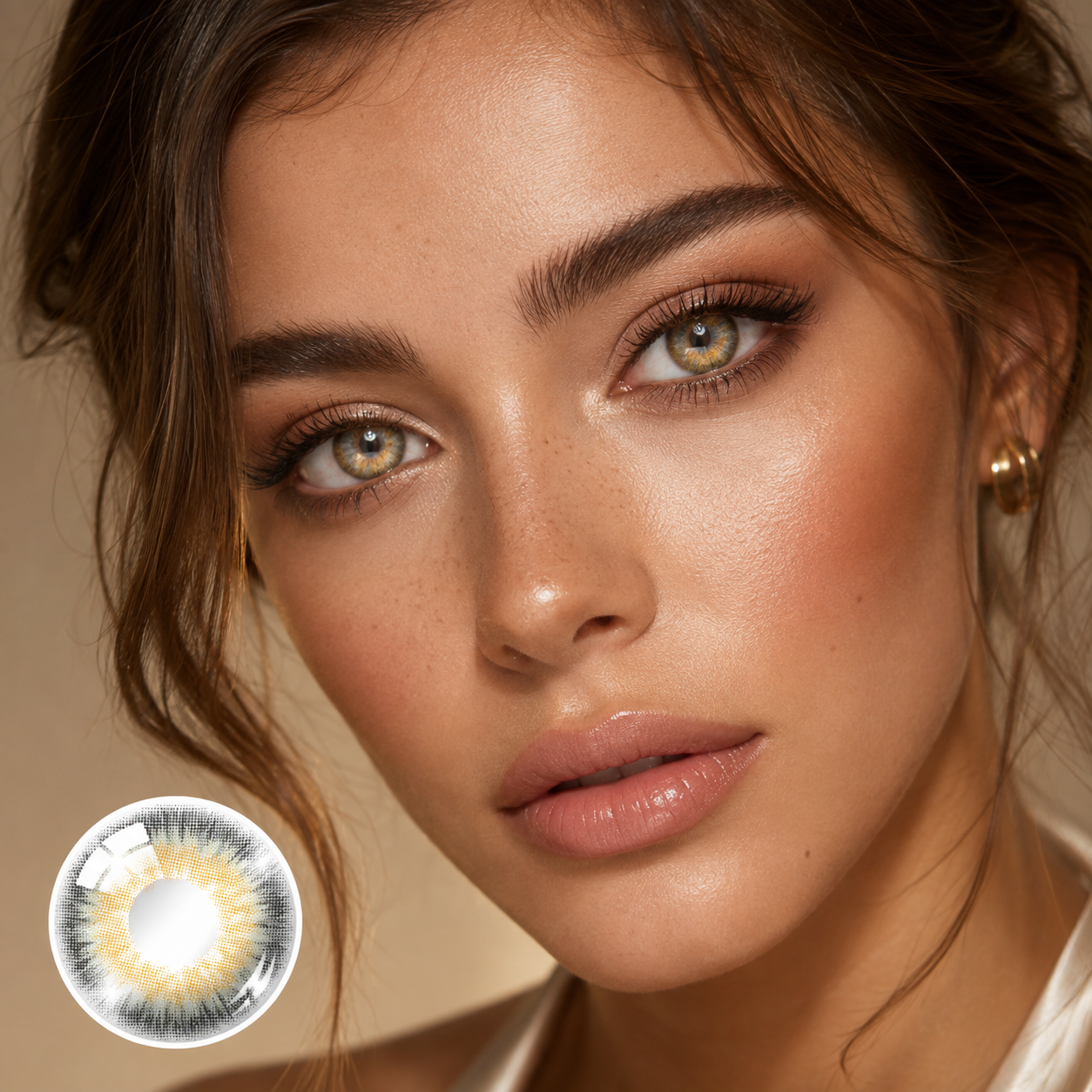 Godestar Smoky Quartz Halo contacts on model with gray outer ring and warm gold inner gradient