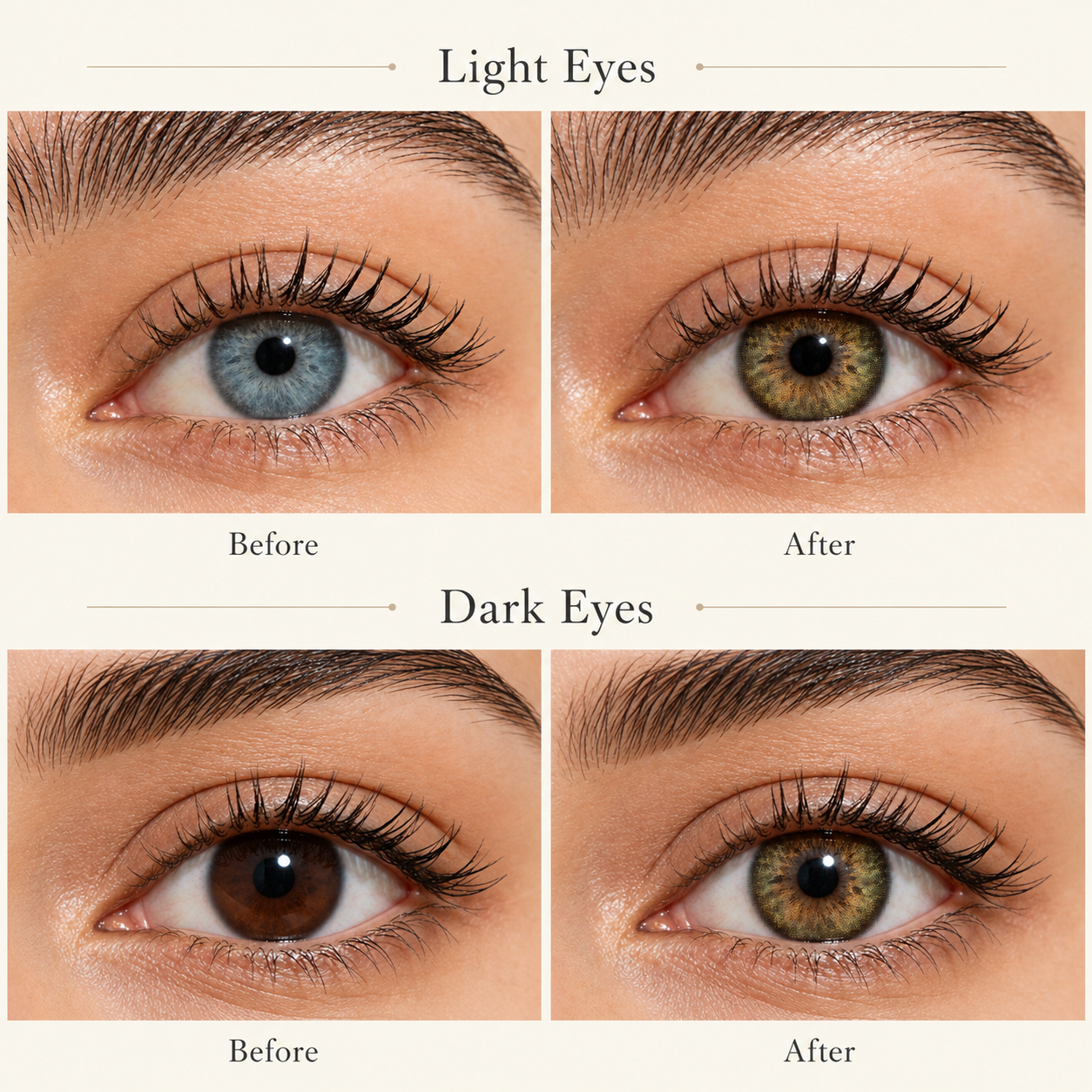 Godestar Halo Honey Brown colored contacts before and after on light and dark eyes