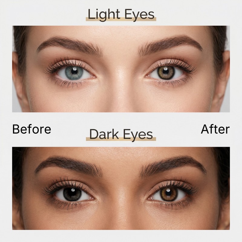 Before and after comparison of MIIEMO Classic Brown colored contacts on naturally light eyes and dark eyes