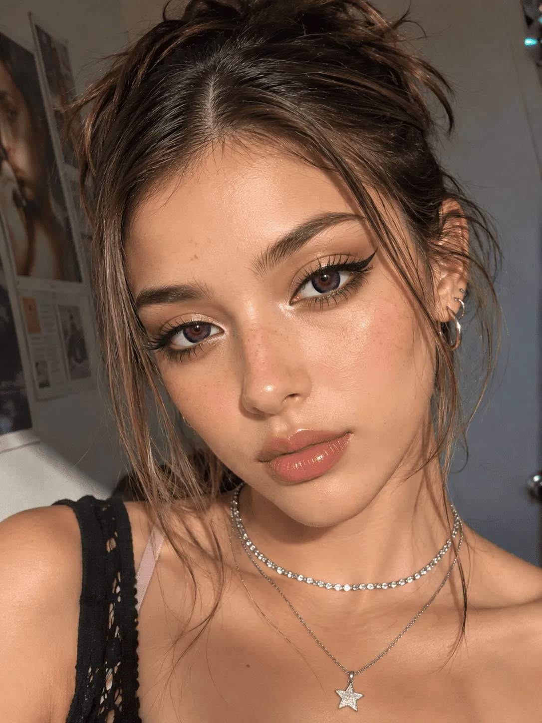 Model wearing GODESTAR Classic Brown colored contacts in a makeup look