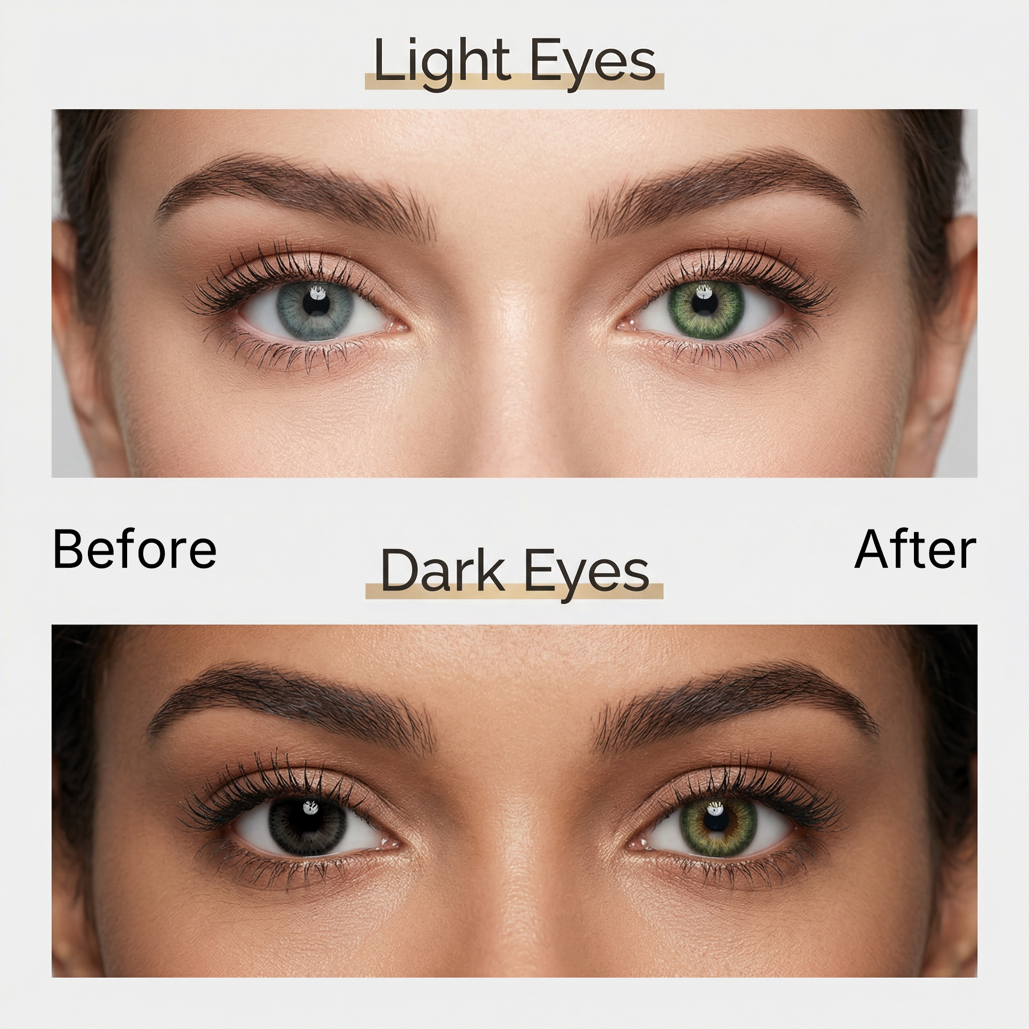 Before and after comparison of MIIEMO Mossy Hazel colored contacts on light eyes and dark eyes