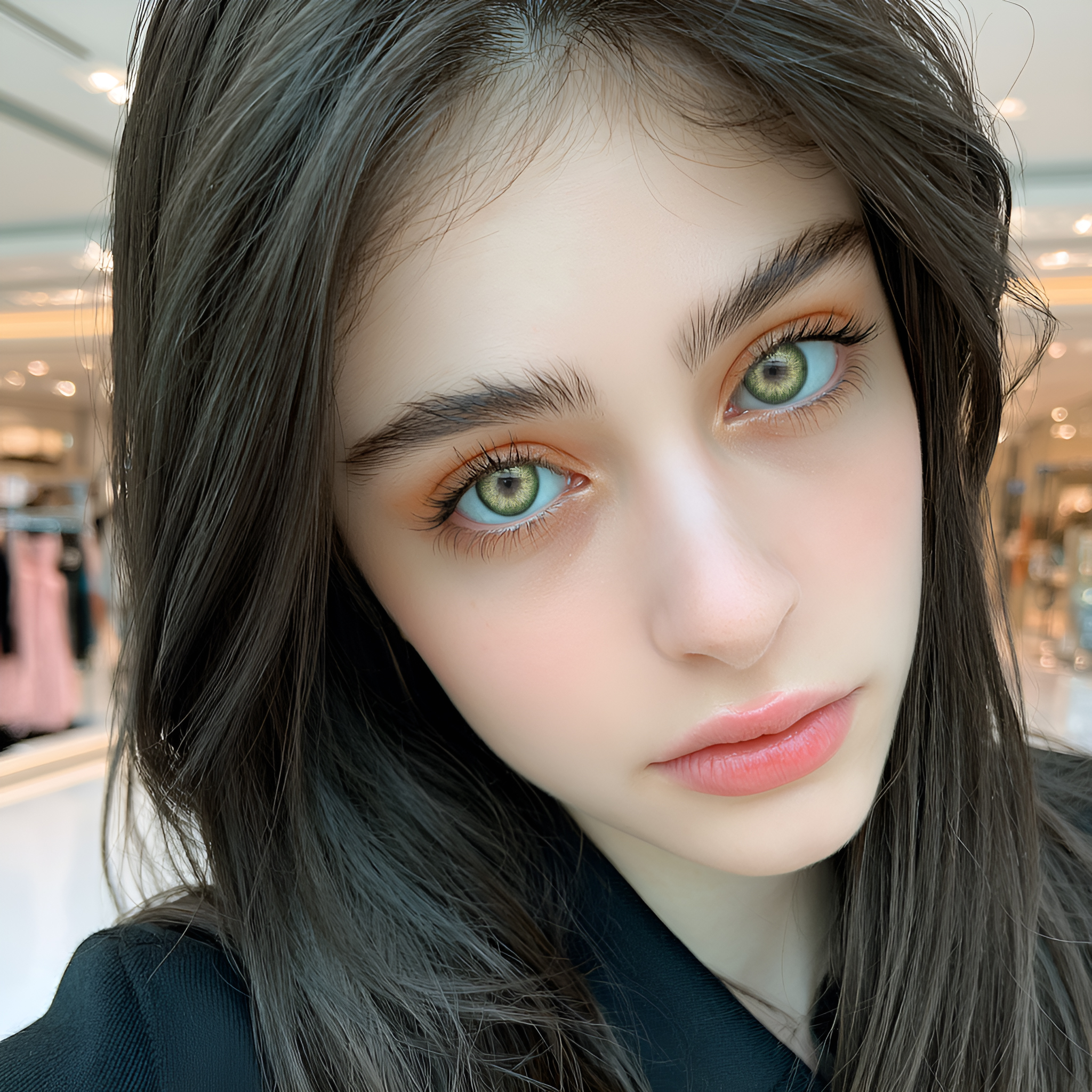 Stunning model with dark hair wearing MIIEMO Mossy Hazel warm olive contact lenses