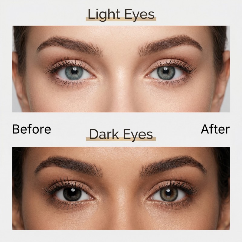 Before and after comparison of MIIEMO Soft Gray Black colored contacts on light eyes and dark eyes