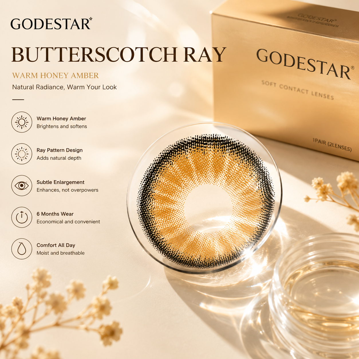 Godestar Butterscotch Ray Warm Honey Amber Colored Contacts – Natural Enhancing Lenses | 6 Months