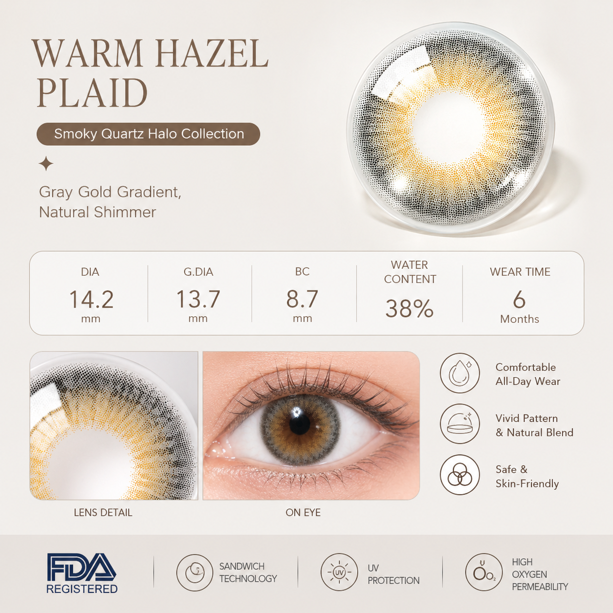 Godestar Smoky Quartz Halo gray gold contacts lens details with 14.2mm DIA and 38% water content