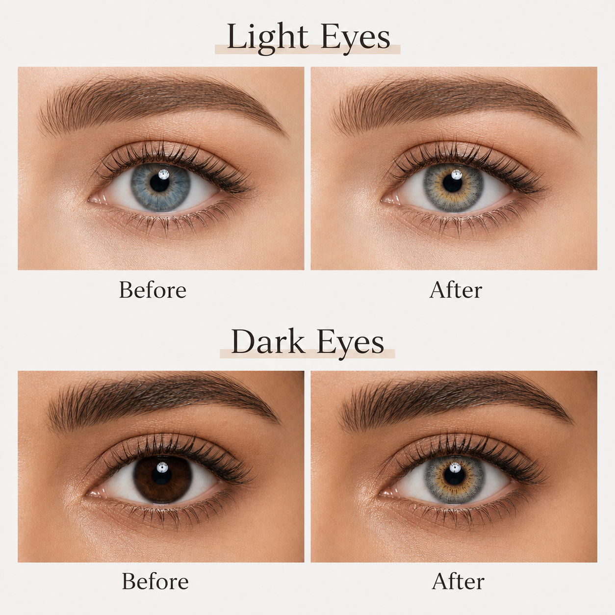 Godestar Smoky Quartz Halo colored contacts before and after on light and dark eyes