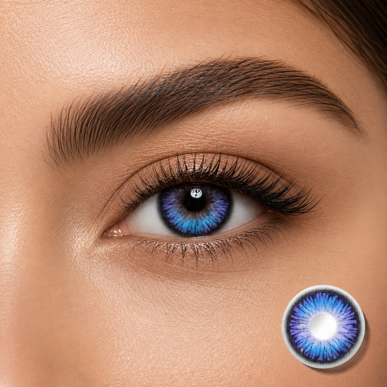 Close-up eye wearing Godestar Nebula Violet Blue colored contacts with bright blue violet gradient