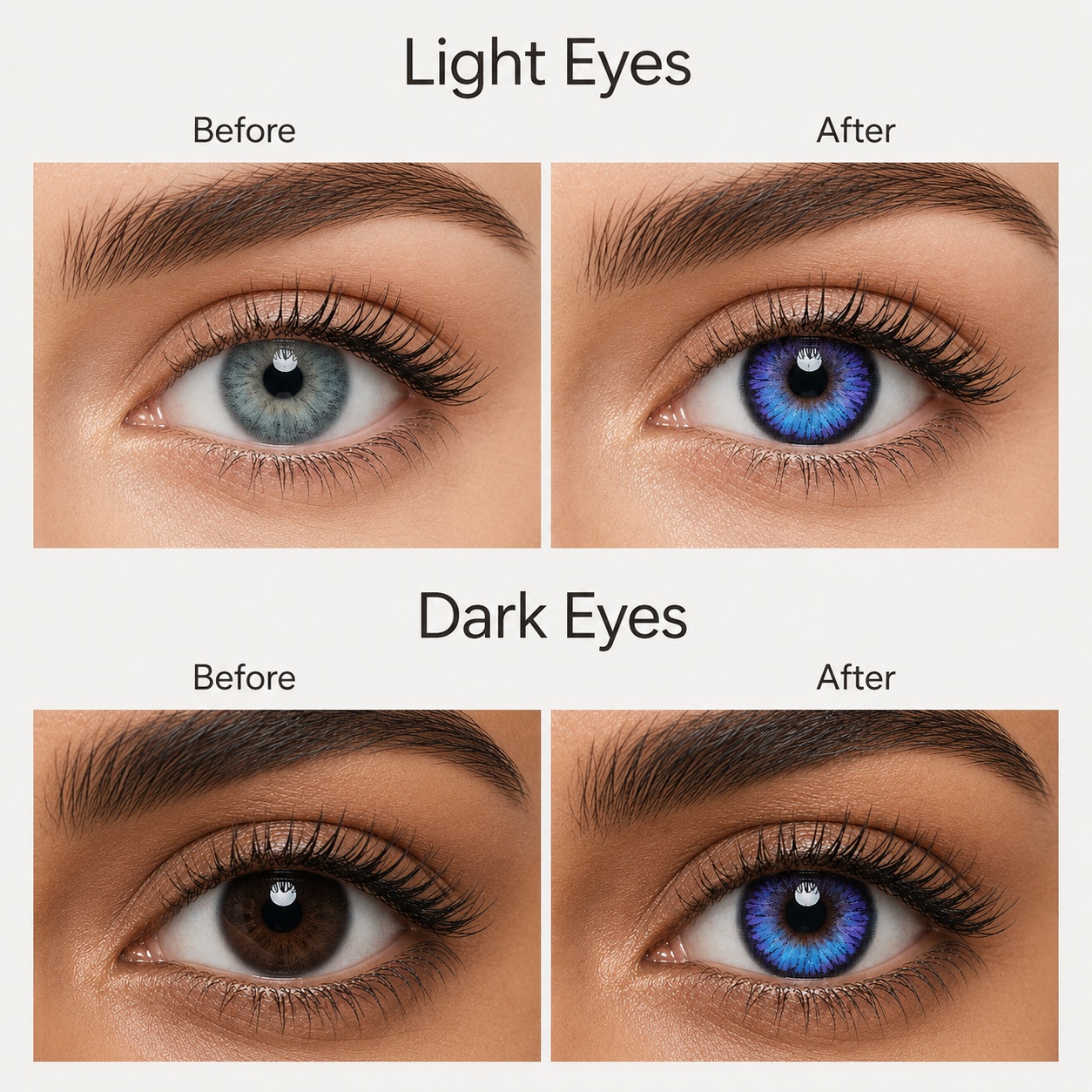 Model wearing Godestar Nebula Violet Blue colored contact lenses with natural glam makeup