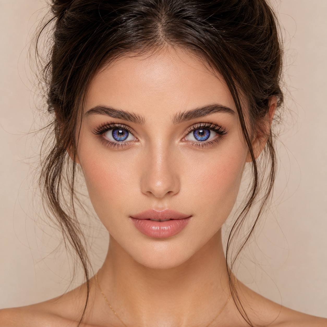 Side portrait model wearing Godestar Nebula Violet Blue contacts with soft lavender blue eye color