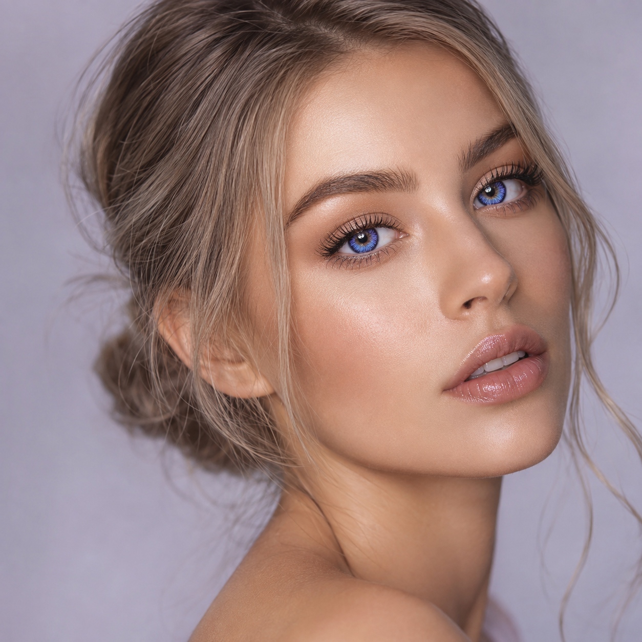 Brunette model wearing Godestar Nebula Violet Blue colored contacts with defined purple blue eyes