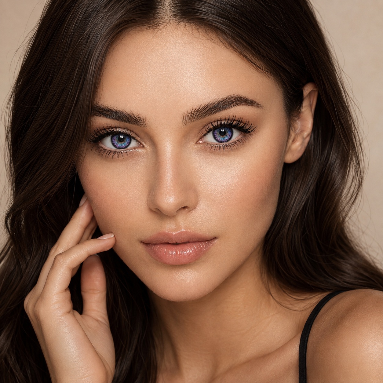 Beauty model wearing Godestar Nebula Violet Blue contact lenses with glossy makeup and vivid eye color