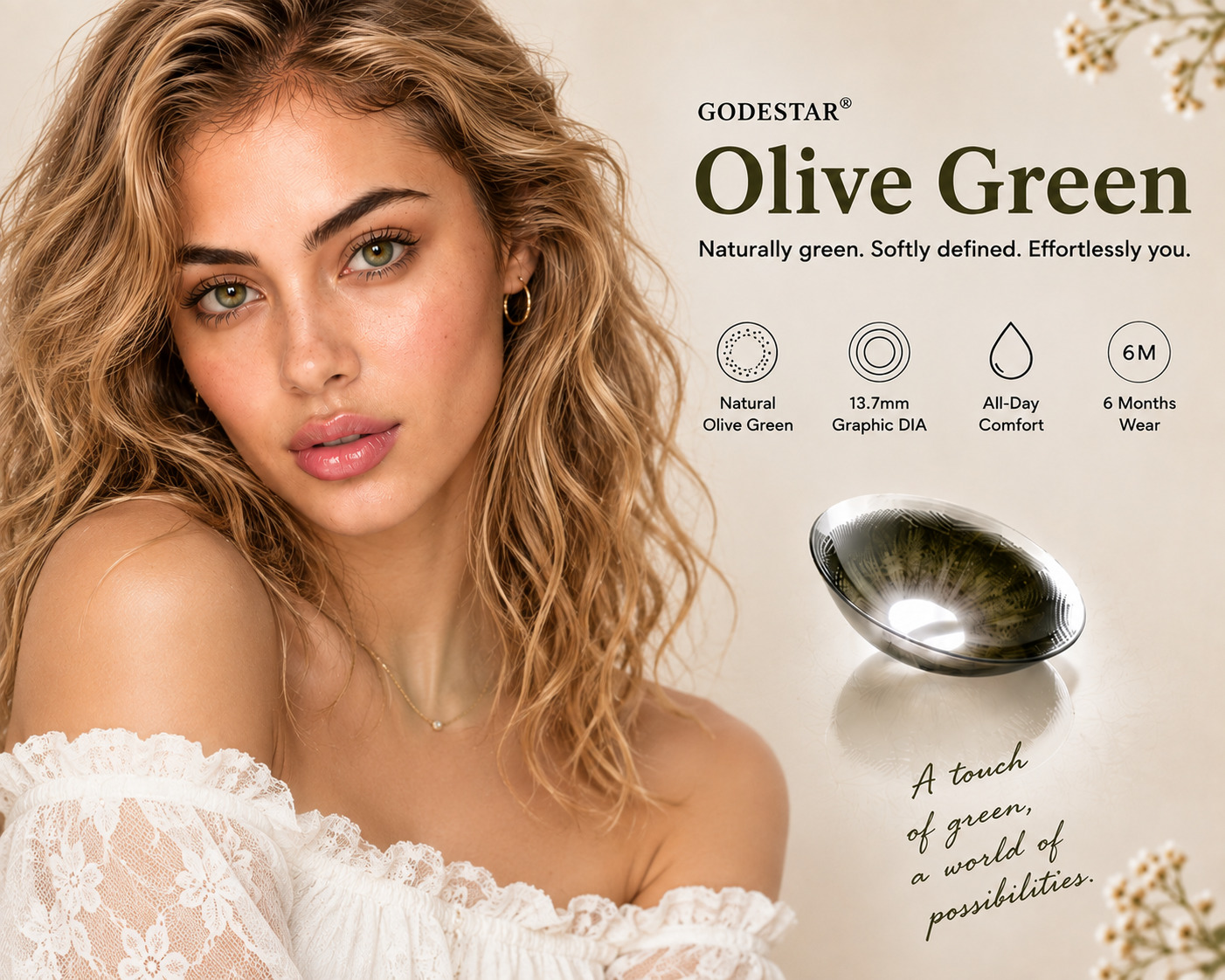 Godestar Olive Green colored contacts model wearing effect