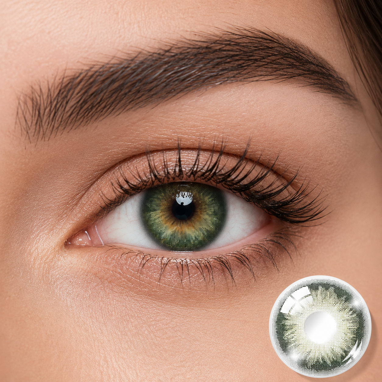 Godestar Garden Green colored contacts on eye with soft olive green and warm brown iris effect