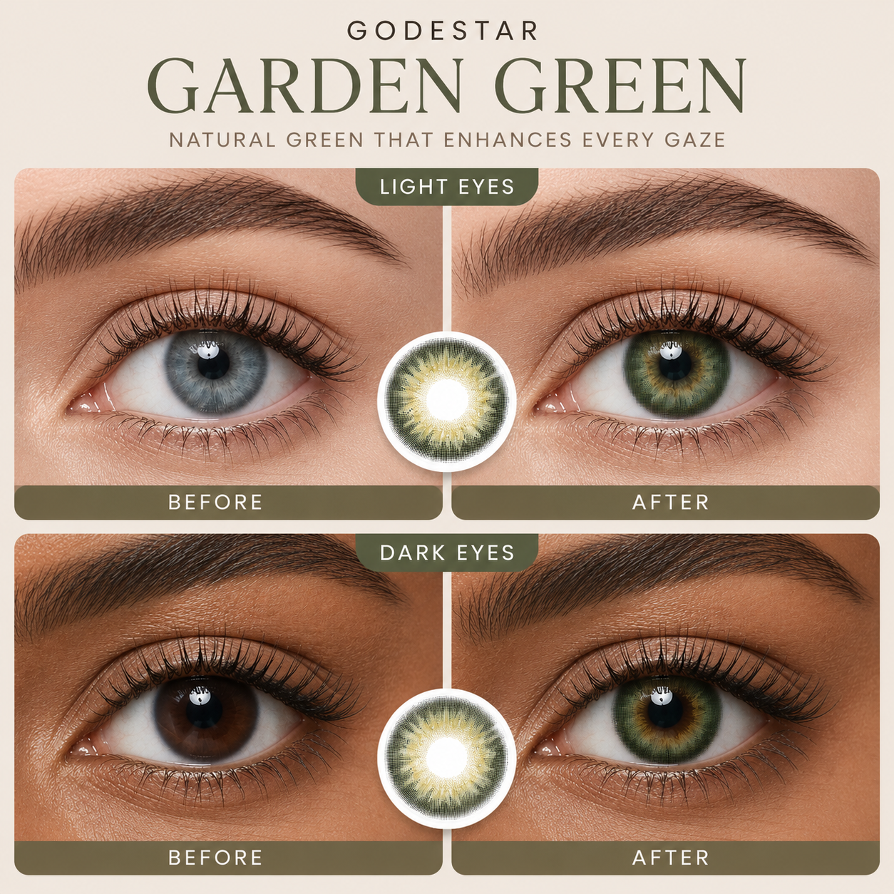 Godestar Garden Green colored contacts before and after on light and dark eyes