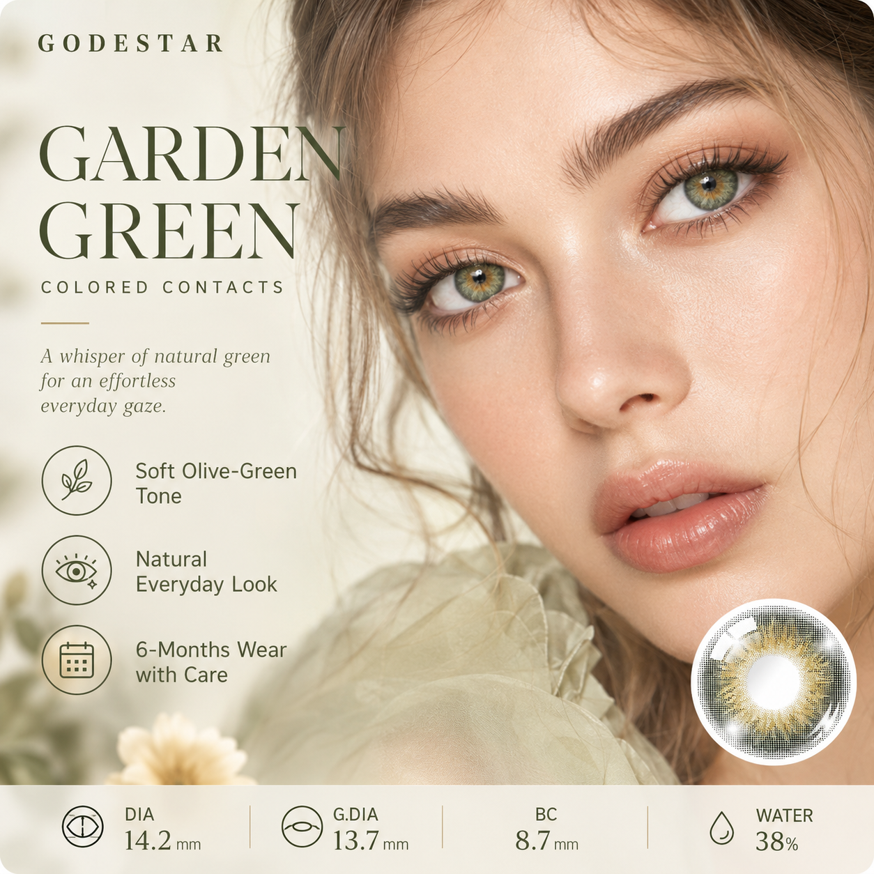 Model wearing Godestar Garden Green colored contacts with natural olive green eyes and lens details