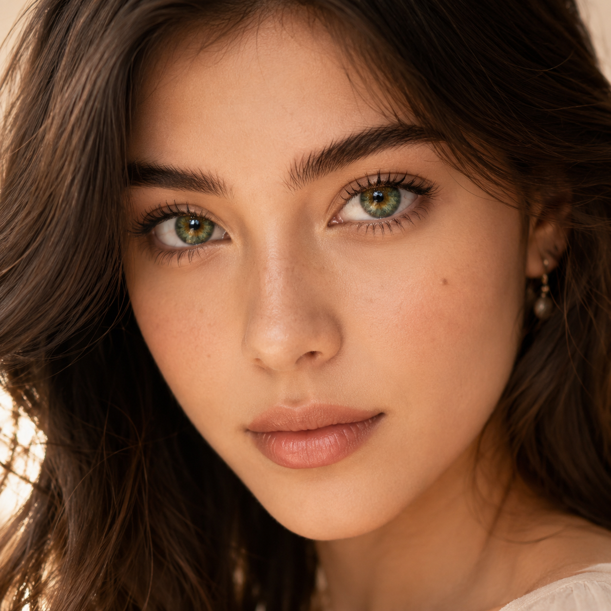 Close-up model portrait wearing Godestar Garden Green contacts with natural olive green eye color