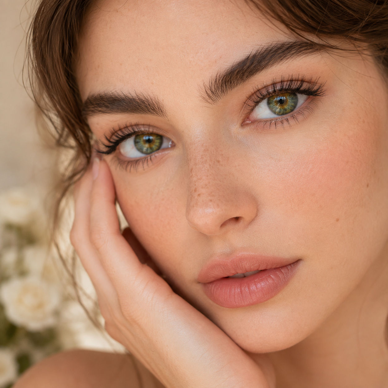 Beauty model wearing Godestar Garden Green colored contact lenses with soft natural makeup