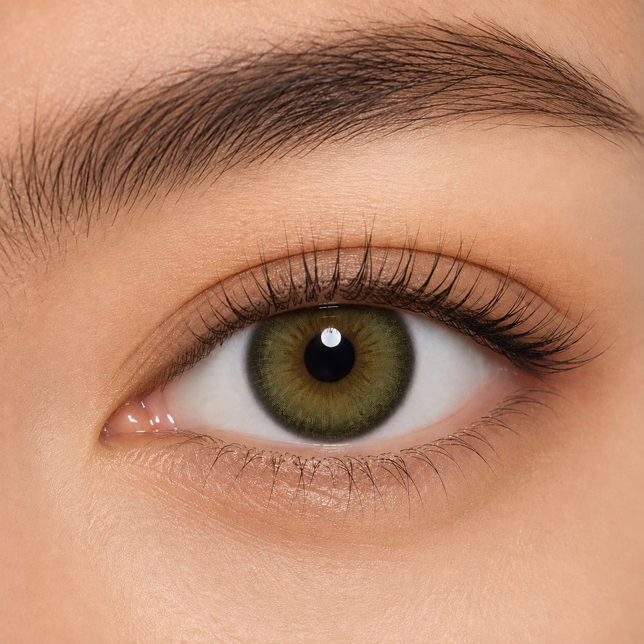 Light brown eyes wearing Olive Green colored contacts