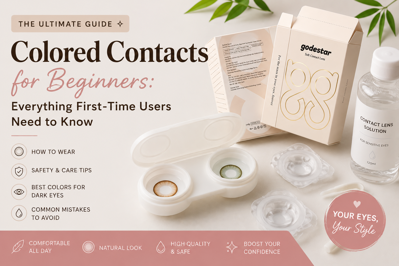 beginner wearing natural colored contacts for dark eyes with Godestar contact lens packaging