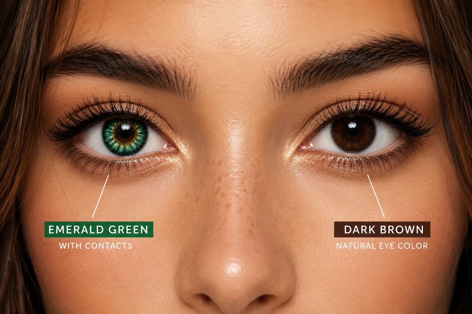 Emerald Green Contacts on Dark Brown Eyes Before and After