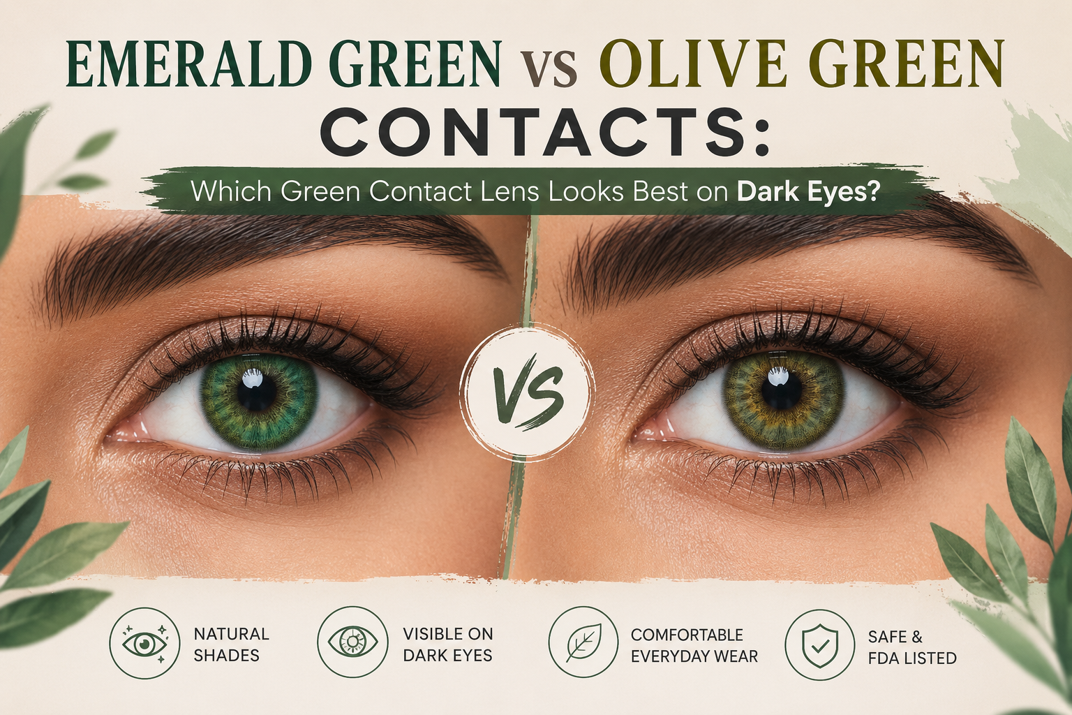 Emerald Green vs Olive Green Colored Contacts Comparison for Dark Eyes