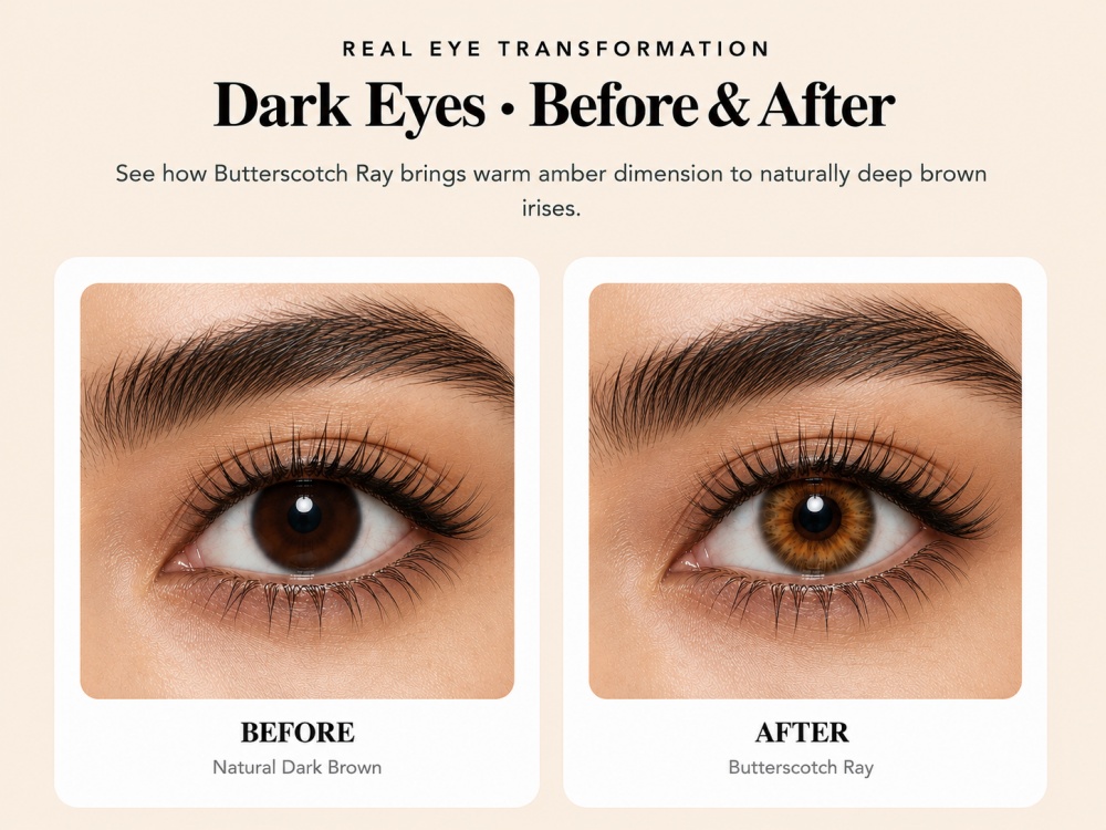 GODESTAR Butterscotch Ray honey amber colored contacts before and after on dark brown eyes
