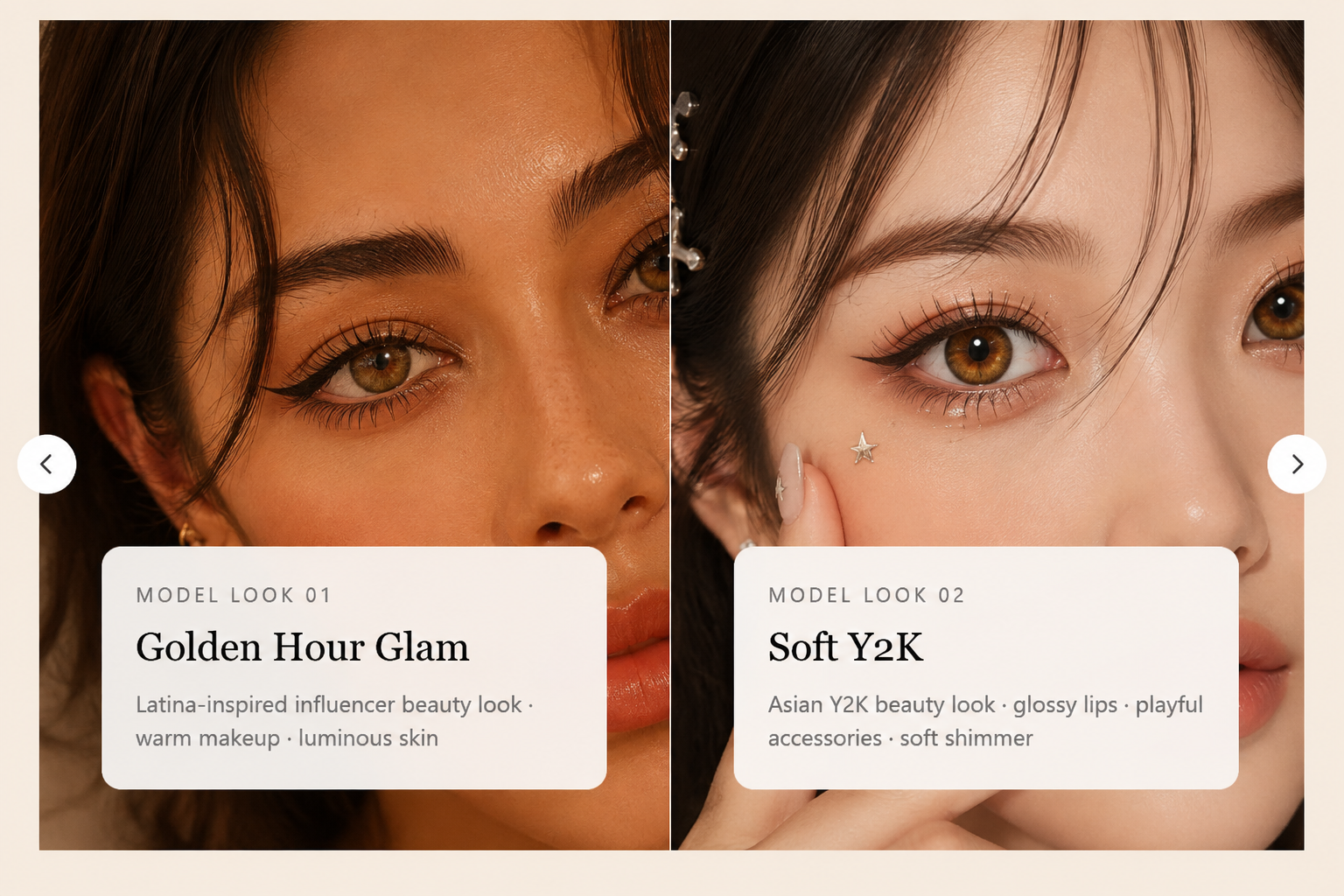 GODESTAR Butterscotch Ray honey amber colored contacts on Golden Hour Glam and Soft Y2K model looks