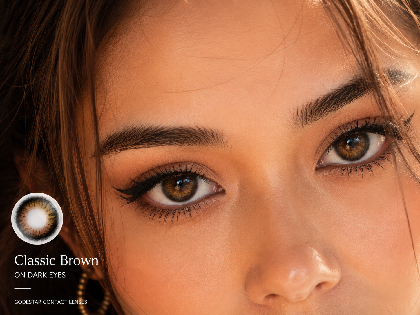 GODESTAR Classic Brown colored contacts worn on dark eyes