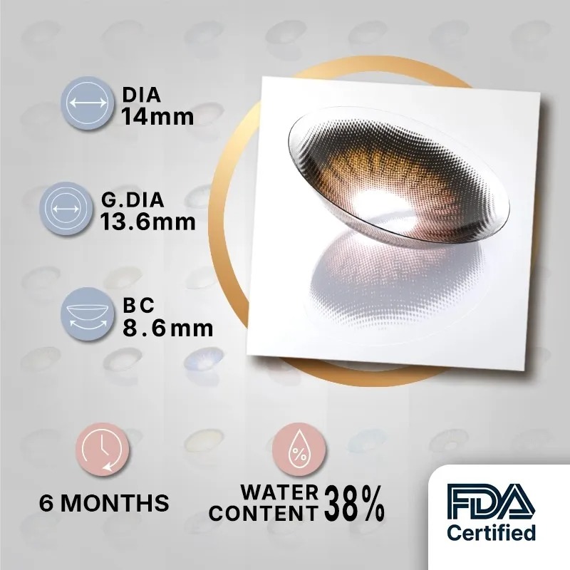 GODESTAR Classic Brown contact lens specifications with 14mm DIA, 13.6mm graphic DIA and 8.6mm base curve