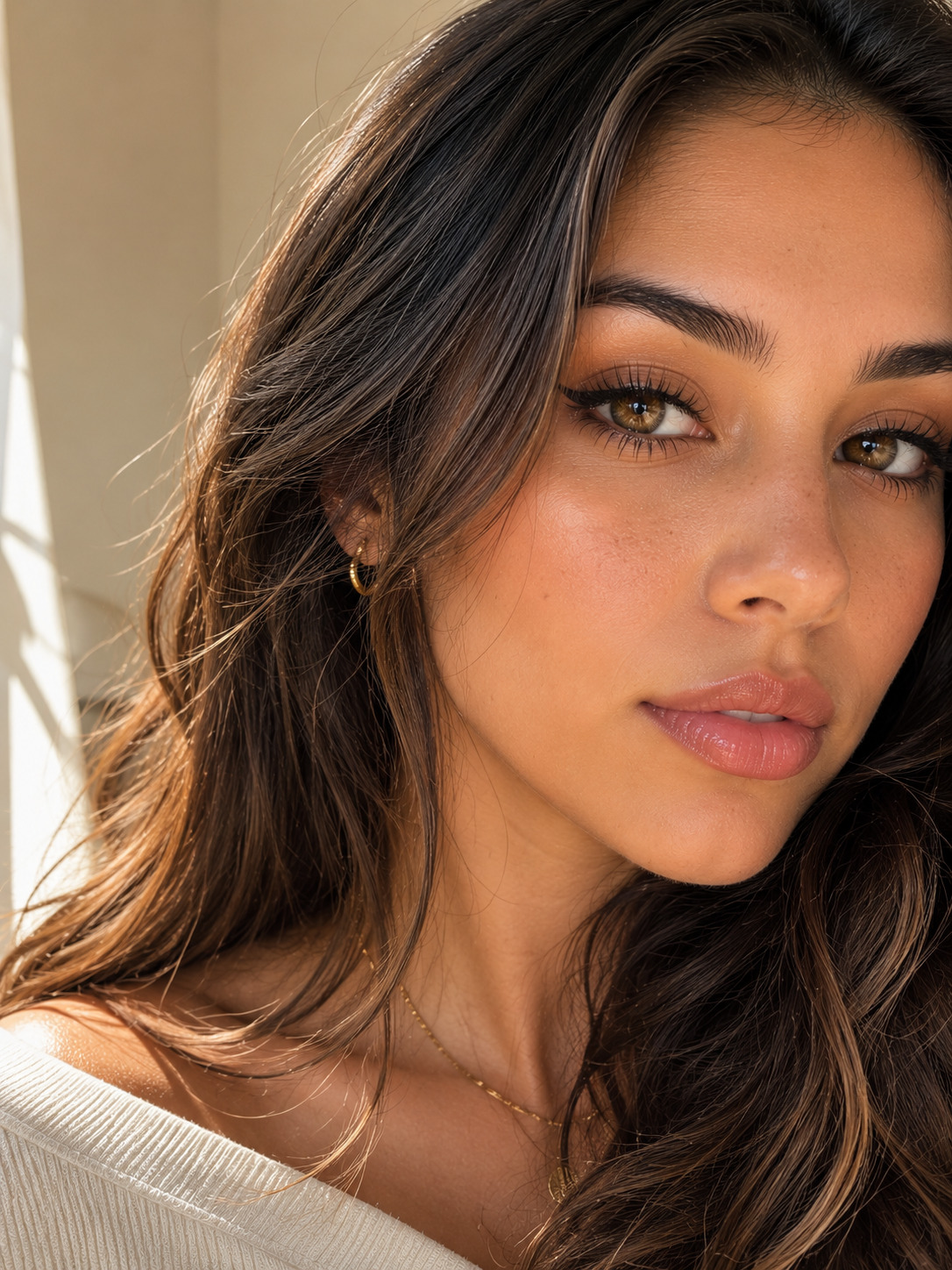 Model wearing GODESTAR Classic Brown colored contacts in a makeup look