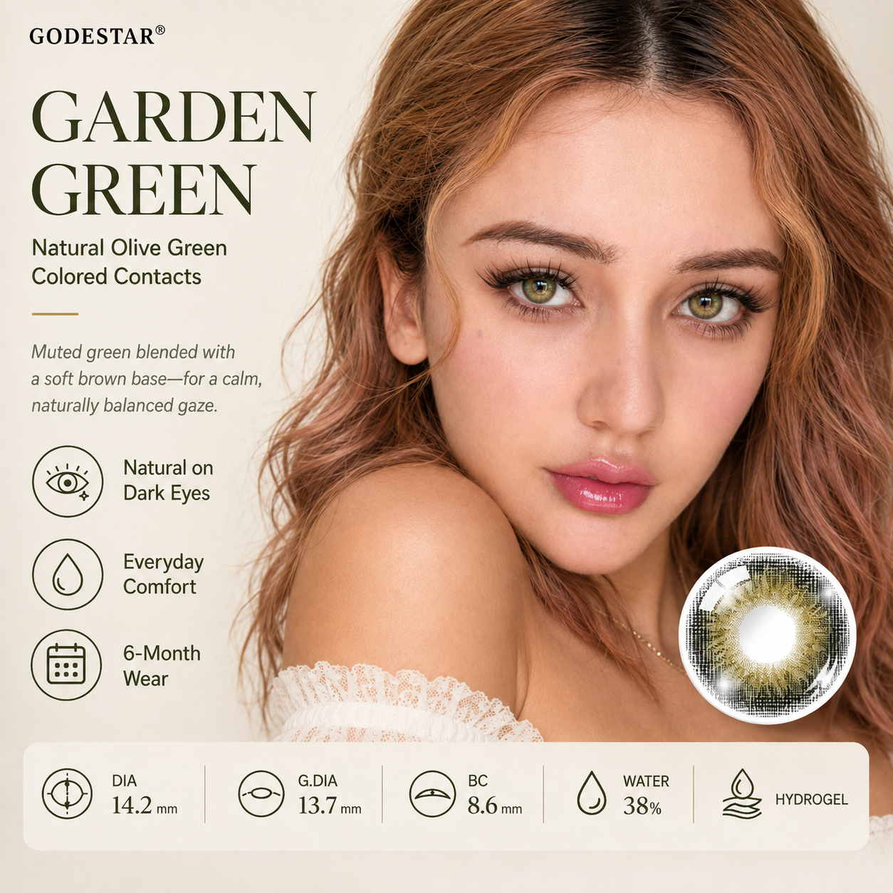 GODESTAR Garden Green natural olive green colored contacts