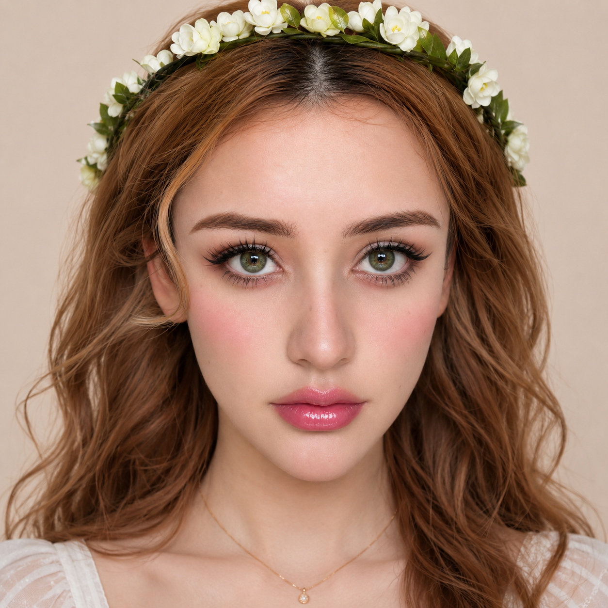 Model wearing GODESTAR Garden Green natural olive-green colored contact lenses