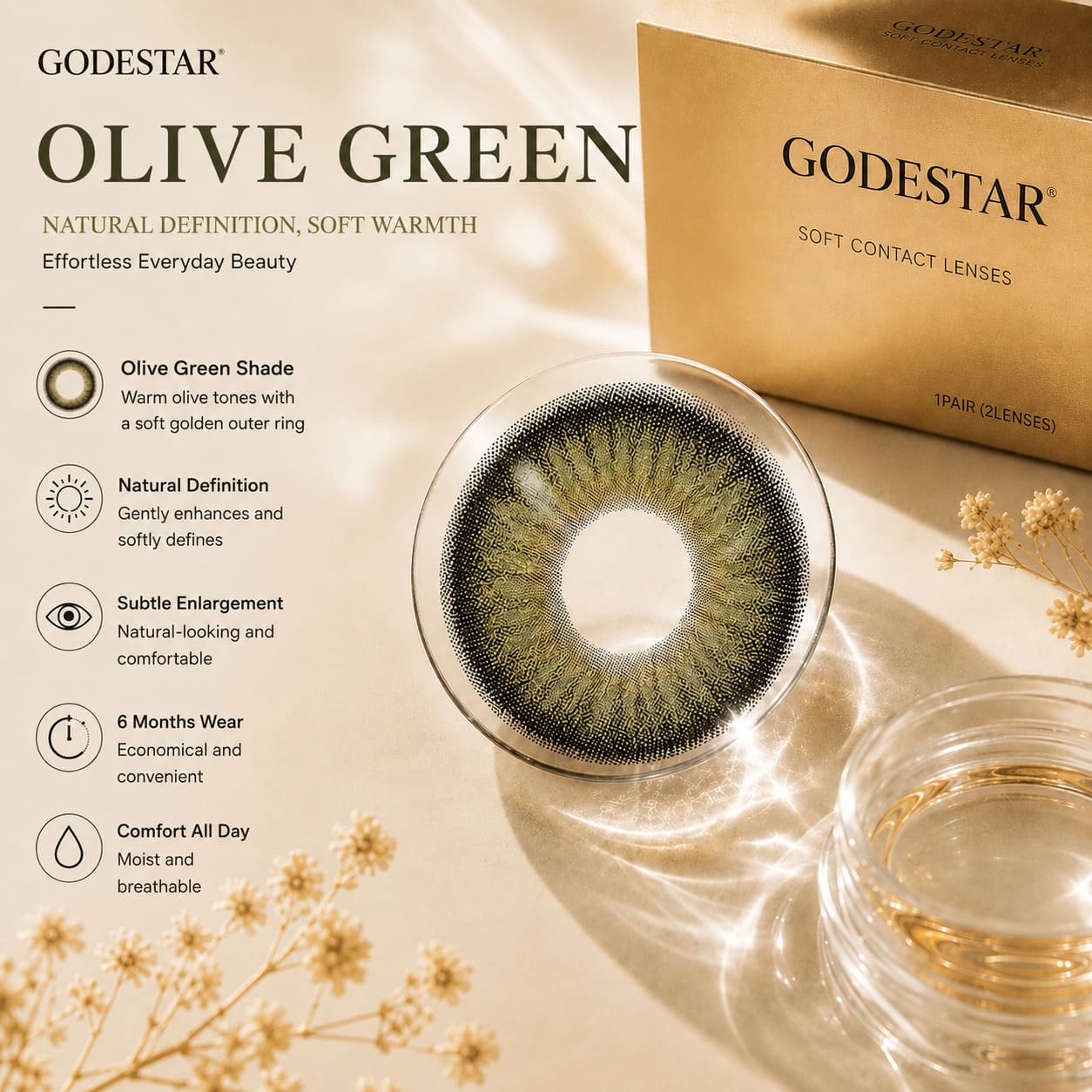 Olive Green Colored Contacts | Natural Green Lenses | Godestar
