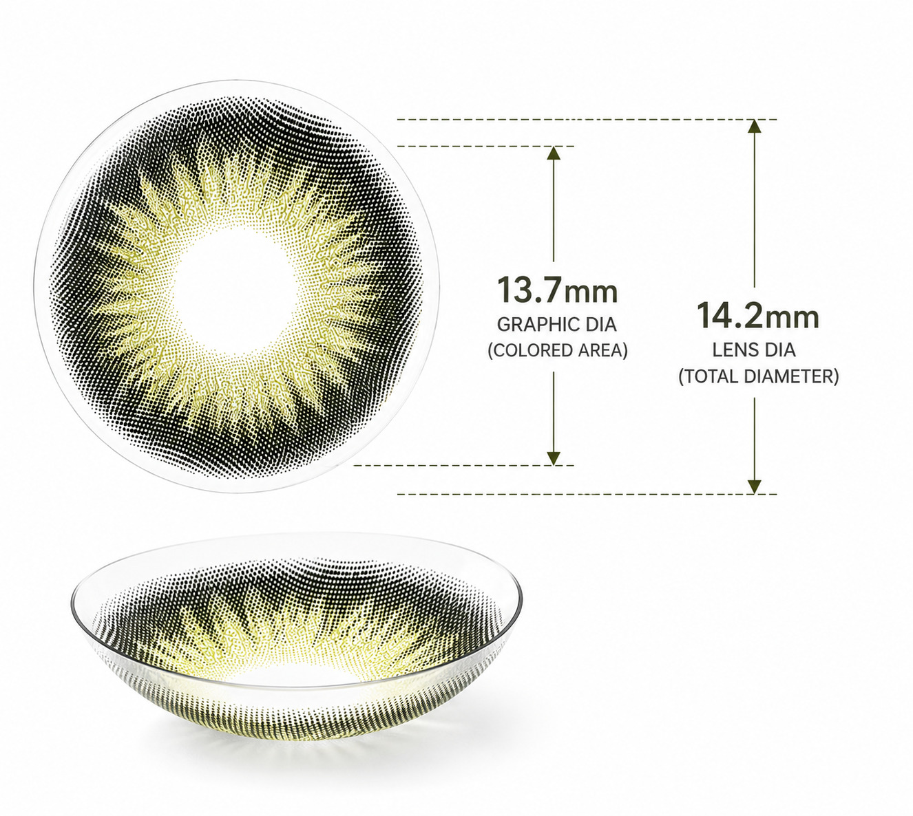 Godestar Olive Green contact lenses graphic diameter eye effect