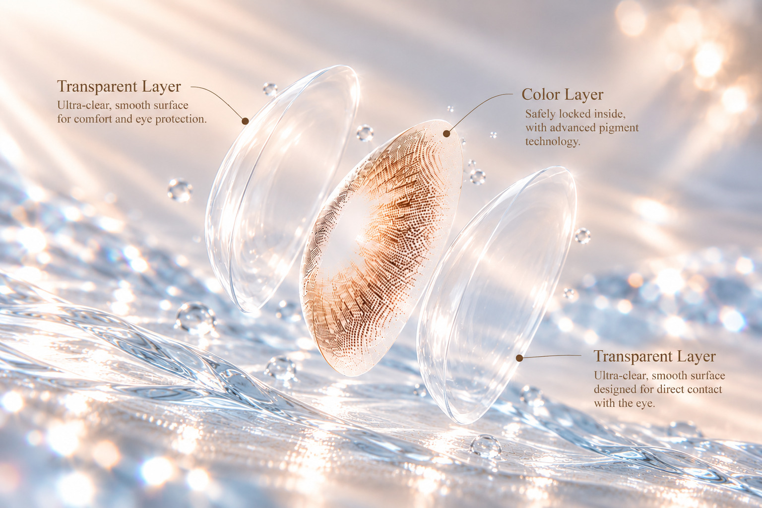GODESTAR three-layer sandwich contact lens structure showing transparent outer and inner layers enclosing the colored pigment layer