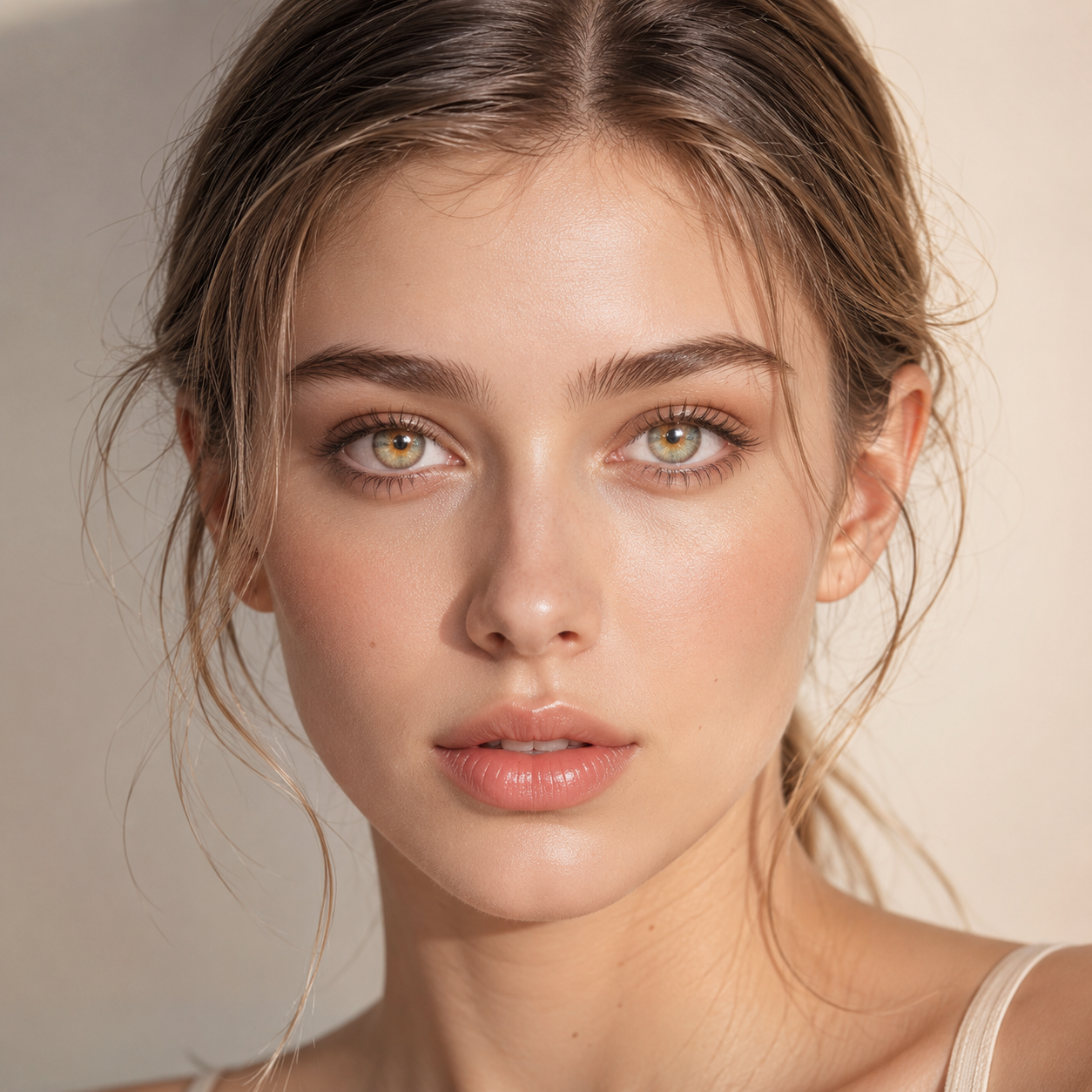 Model wearing Godestar Smoky Quartz Halo gray gold colored contact lenses with natural makeup