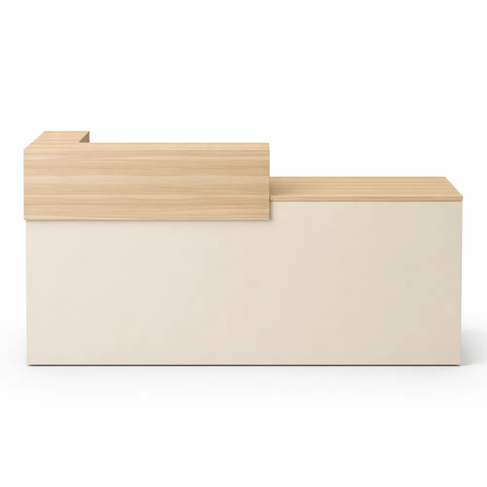 Bancone reception in legno con ripiani e cassetti, per ufficio e negozio