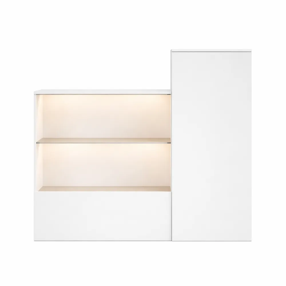 Mobile reception con LED a 3 colori, cassetto e armadio, bianco e legno naturale