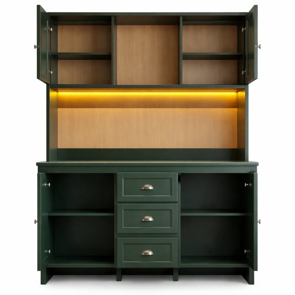 Credenza da Cucina con Ante in Vetro e Illuminazione LED, 4 Ante e 3 Cassetti, 120 x 40 x 179 cm, Colore Verde